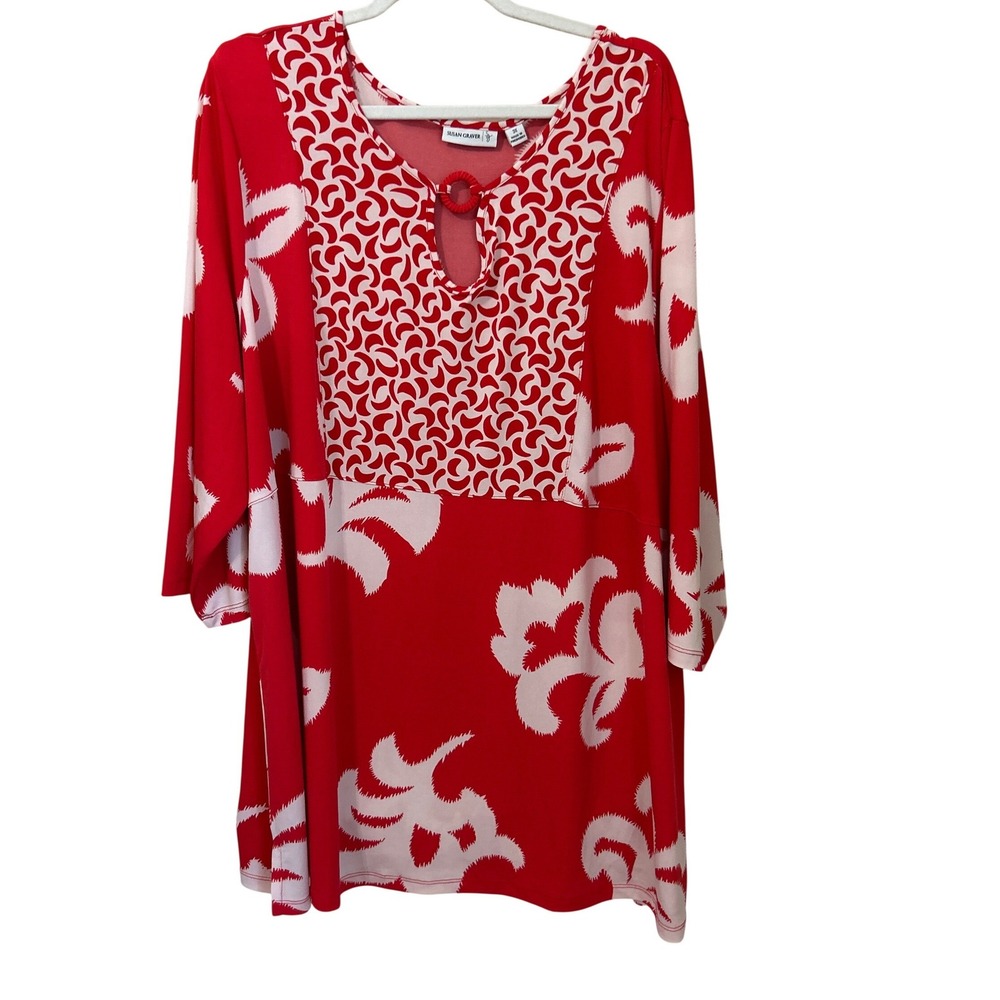 Susan Graver‎ Size 3X Liquid Knit Red White Abstract Print Tunic Top Accent Neck